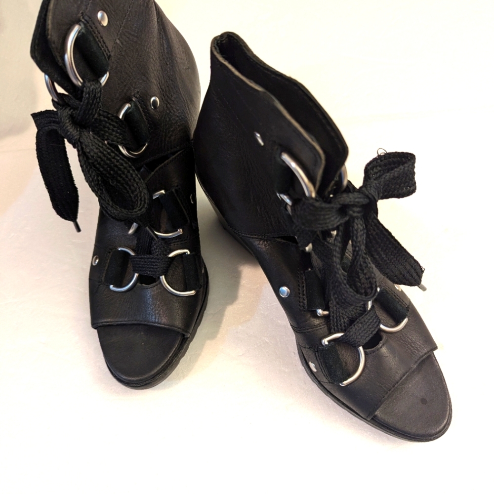 Black Sorel After Hours lace up wedge peep toe shoe